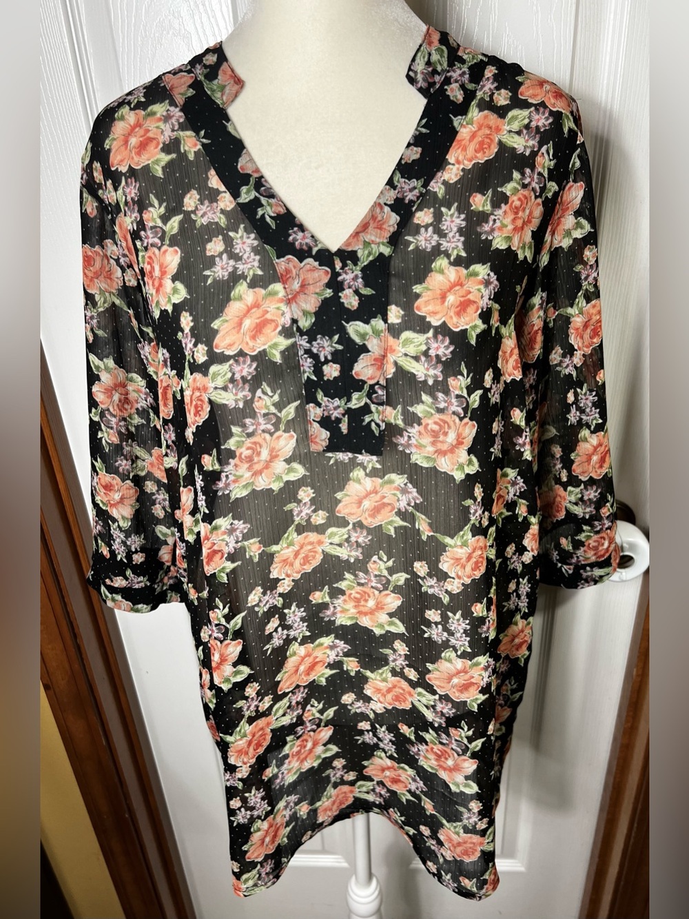 Tunic Top Blouse Lightweight 3/4 Sleeve Floral Semi Sheer Size L